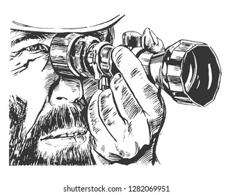 
Close-up man hunter looking through binoculars. Graphic sketch