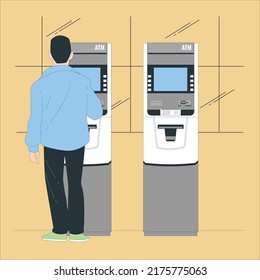 Closeup of a man standing next to ATM machine. Young man using cashpoint flat color illustration. Guy working with ATM interface cartoon character. Bank visitor performing electronic transaction.