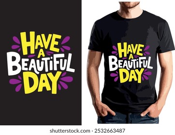 Close-up of a man wearing a black t-shirt featuring a purple and yellow design with "Have a Beautiful Day."