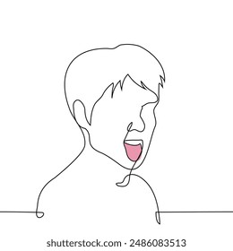 close-up of a man's face making a face and sticking out his tongue - one line art vector. concept make faces, negative emotions, disgust or cringe. Handmade vector not AI