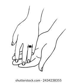 Close-up of a man's hand with the inner part of the palm upwards, from above a woman's hand with a diamond ring on the ring finger. hand drawn linear wedding or engagement svg