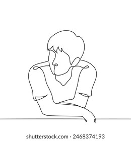 close-up of man's upper body with his arms crossed and leaning his elbows in front of him and looking at the camera - one line art veterinarian. concept of watching with passion, observer, relaxation