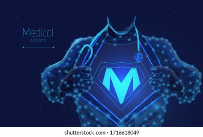 A closeup of medical worker in medical lab coat with a stethoscope. Abstract vector low poly wireframe illustration with connected dots and polygonal shapes. Horizontal medical banner with copy space.