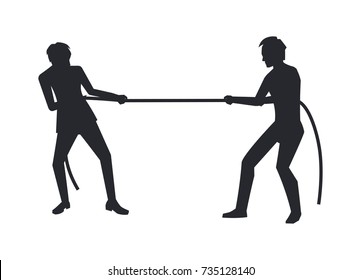 Closeup of men competition black silhouettes, two business pulling rope, symbol of gaining power and leadership vector illustration isolated on white