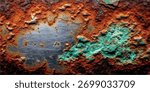 Close-up of a metal surface showing extensive oxidation, rust, and corrosion, with textures and colors indicating age and weathering.