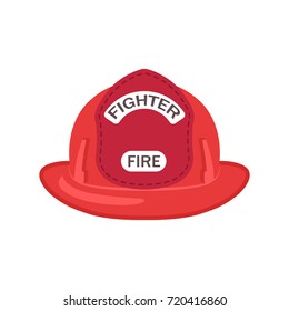 Closeup of modern bright red plastic firefighter's helmet on white background. Isolated vector illustration of protective headgear flat icon