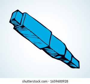 Closeup modern thick nib rod on light backdrop. Freehand cyan hand drawn simple bold kid object image element emblem design concept sketchy in retro artist scribble contour print style on text space