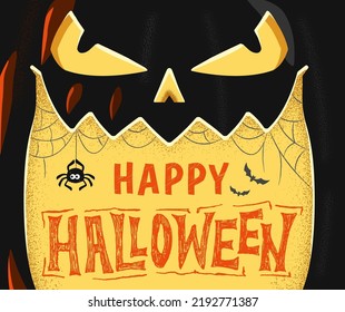 Close-up monster face. Vector illustration of creepy jack o lantern face with Happy Halloween inscription designed for banner