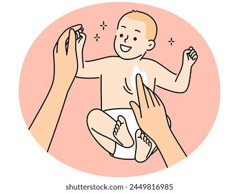 Nahaufnahme der Mutter tragen Creme auf das süße Baby. Pflegende Mutter verwenden Pulver kümmern sich um das neugeborene Kind. Mutterschaftskonzept. Vektorillustration.