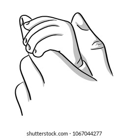 close-up mother holding a hand of baby vector illustration sketch hand drawn with black lines isolated on white background. Family support concept.