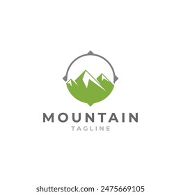 Logotipo de montaña en primer plano con círculo adecuado para exteriores, aventuras, senderismo, viajes y diseños de temática natural, logotipos, marcas y Materiales promocionales.