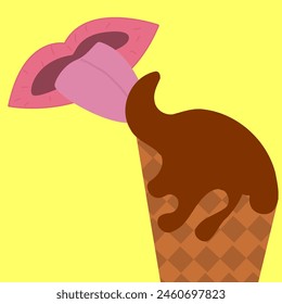 Close-up of a mouth with a tongue licking a chocolate ice cream cone, creating a tempting and indulgent scene. Perfect for illustrating the enjoyment of sweet treats and summertime desserts