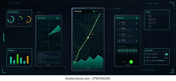 Close-up of multiple digital screens displaying financial analytics, stock market trends, and data visualization with glowing green neon elements in a dark tech environment.