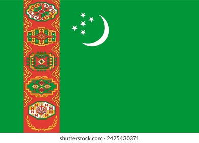 Close-up of national flag of Asian country of Turkmenistan with colorful pattern and stars with crescent moon. Illustration made February 14th, 2024, Zurich, Switzerland.