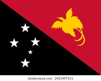 Close-up of national flag of Oceania country of Independent State of Papua New Guinea with yellow paradise bird and southern cross. Illustration made February 14th, 2024, Zurich, Switzerland.