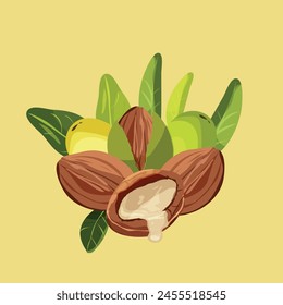 Close-up of natural Argan nuts with leaves on yellow background. Natural oils and cosmetics. Beauty concept.	