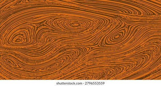 A closeup of a natural brown wood texture background shows the macro pattern of a round timber log surface with a textured tree ring design on a cut stump board