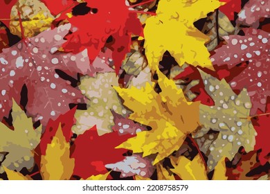 Closeup nature view of red and yellow maple leaves vector background. Flat lay, colorful nature concept, maple leaf, group background, autumn, fall premium illustration