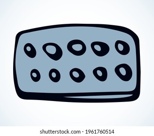 Closeup new round plastic med food RX. White text space backdrop. Outline black hand drawn closeup flat medic poison object logo emblem concept design. Art label doodle cartoon sketch silhouette style