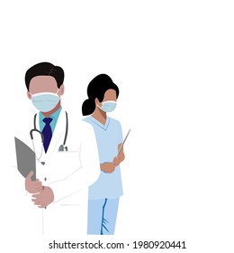 Close-up No Face Young Doctors Uniform With  Blue Necktie And Stethoscope And Young Nurse In Uniform Wearing Mask. Vector Flat Design Concept For Doctor’s Day, Medical Health Greeting Card Or Banner 