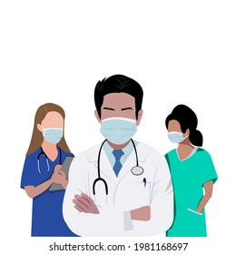 Close-up No Face Young Doctors Uniform With  Blue Necktie And Stethoscope And Young Nurse In Uniform Wearing Mask. Vector Flat Design Concept For Doctor’s Day, Medical Health Greeting Card Or Banner