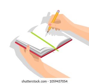 Closeup of notebook with blank pages being held in left hand along with graphite pencil in right one isolated vector illustration on white background