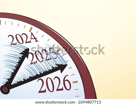 Closeup old 2025 late work chase age black tick flow wind date draw art design. Job busy race second logo icon sign white wall screen face round frame greet card cartoon art draw event idea text space