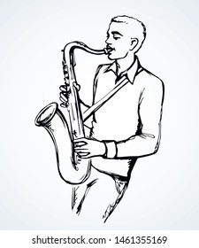 Closeup old bass tone blow pipe tube saxaphone on light backdrop. Freehand outline black ink drawn solo guy show logo concept design sketchy in modern pop artist doodle engrave style. Paper text space
