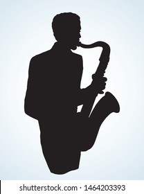Closeup old bass tone blow pipe tube saxaphone on light backdrop. Dark black ink drawn solo guy show emblem concept design in modern pop artist contour engrave etch print style. Paper text space