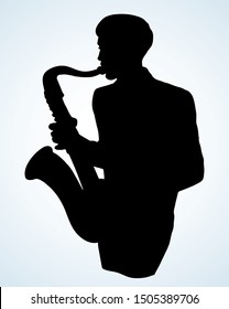 Closeup old bass tone blow pipe tube saxaphone on light backdrop. Dark ink drawn solo guy show emblem pictogram concept design in modern pop artist contour engrave etch print style. Paper text space
