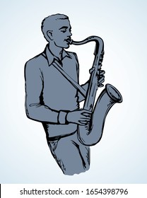 Closeup old bass tone blow pipe tube saxaphone on light backdrop. Freehand outline black ink drawn solo guy show logo concept design sketchy in modern pop artist doodle engrave style. Paper text space