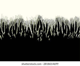 Closeup old country meadow view scenery sow dry grass plant growth bunch scene white sky text space backdrop. Black ink pen hand drawn god faith story hay border pattern eco bio kernel bake flour reap bakery work good retro line art cartoon icon sign