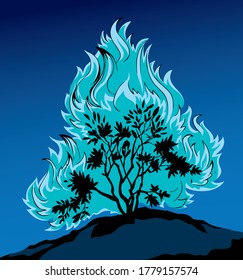 Closeup old holy bright fiery hot ash branch hazard scene view blue night sky text space. Line dark black hand drawn global faith egypt life icon logo sign concept ancient art cartoon story tale style