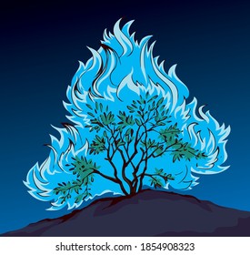 Closeup old holy bright fiery hot ash branch hazard scene view blue night sky text space. Line dark black hand drawn global faith egypt life icon logo sign concept ancient art cartoon story tale style