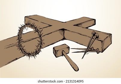 Holzkreuz und Eisennägel. Vektorgrafik
