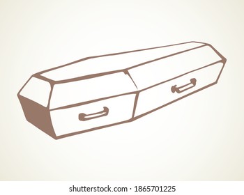 Closeup old nice closed morgue die chest crate. Close up view light crypt text space. outline dark brown color hand drawn object pictogram emblem design in art retro doodle cartoon contour print style