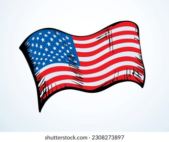 Closeup old retro blue red color vintage city land glory 4th july day war unity silk textile wave wind shape view white sky text space. Hand drawn sketch web art 4 peace sport logo ensign label frame