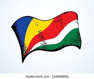 Closeup old retro red blue green yellow color vintage ocean land liberty day war unity silk wave wind beam stripe shape view white sky text space. Hand drawn art trade elect sport insignia logo label