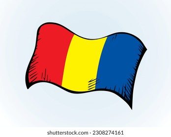 Closeup old retro red blue yellow color vintage EU land city pride glory day war unity silk wave wind shape view white sky text space. Hand drawn web art euro elect trade sport logo label frame badge