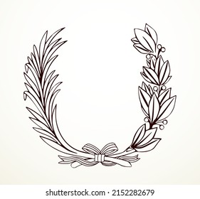 Closeup old retro red merry wed ornate glory Peru crest shield flower palm plant twig round shape white text space. Peace triumph honor sport win prize trophy seal card heraldry element insignia art s