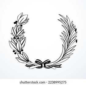 Closeup old retro red merry wed ornate glory Peru crest shield flower palm plant twig round shape white text space. Peace triumph honor sport win prize trophy seal card heraldry element insignia art s