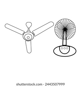 Closeup on electric floor standing fan in the modern living room in sunny hot summer day. A man uses a remote control to turn on a white ceiling fan mounted in a house with wooden ceilings