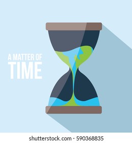 closeup on a modern classic Hourglass with a earth and Globe flowing & melting & trickle in it and clean text - a matter of time with a shadow on flat design & light blue background