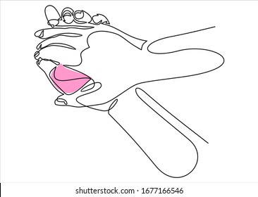 Closeup on young woman hands with soap bar.Continuous one line drawing. 