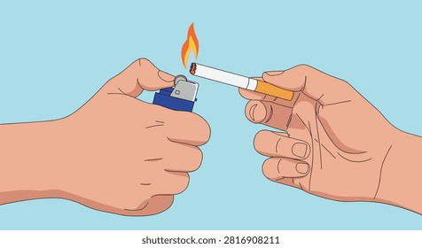 Close-up of one hand using a blue lighter to light a cigarette held by another person against a pastel blue background.