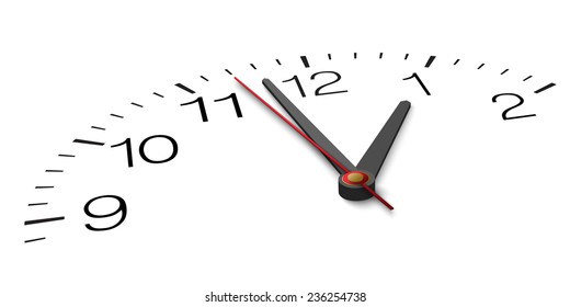 Closeup and from one side view of part of clock face with hands.