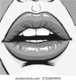 Nahaufnahme von offenen weiblichen Lippen und Zähnen, illustriert in einem fetten Pop-Art-Rasterpunktmuster. Diese eindrucksvolle Illustration fängt kühne Weiblichkeit und Ausdruck mit künstlerischem Flair ein. Ideal für Beauty-Salon-Logos, Make-up-Künstler-Visitenkarten und Mode-Blog-Grafiken. Perfekt für kosmetische und trendige Projekte. Saubere Illustration für den vielseitigen Einsatz in modernen Designs.