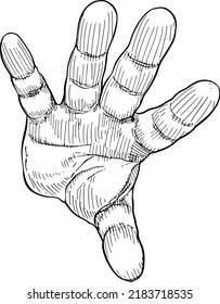 Close-up of open hand indicating alt. Hand language. Black and white vector illustration, handheld view.