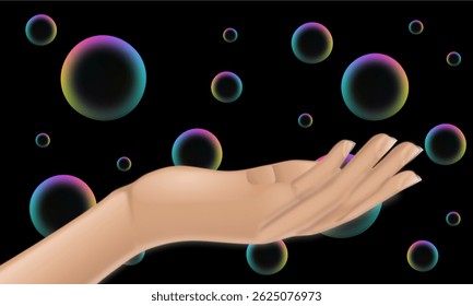 close-up of open hand on black background with bubbles
