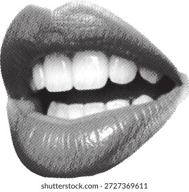 Close-up of open mouth with teeth, halftone dot pattern.